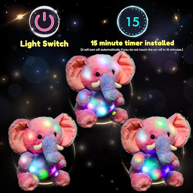 Hopearl LED Plush Elephant Colorful Lighting Up Stuffed Animal Elephish Floppy Night Lights Glow in The Dark Birthday Festival for Kids Toddler Girls, Rainbow, 11''