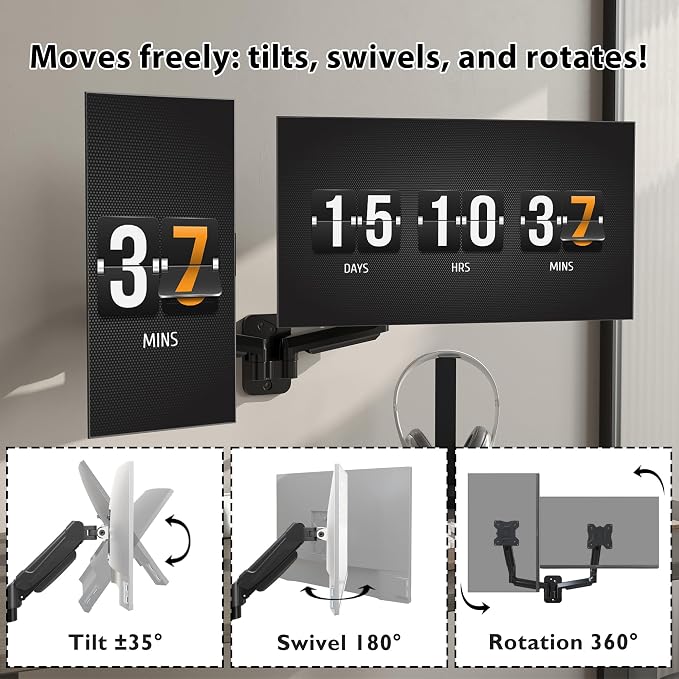 BONTEC Dual Monitor Wall Mount for 13-32 Inch Screens, Height Adjustable Gas Spring Arm with Tilt, Swivel & Rotate, Hold Up to 19.8 lbs, Fully Adjustable, Office & Home Use, VESA 75x75/100x100
