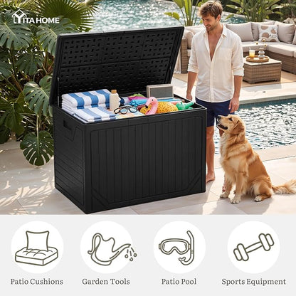 YITAHOME 230 Gallon Extra Large Outdoor Storage Box | Waterproof Double-Wall Deck Box with Hydraulic Piston for Garden Tools, Pool Accessories & Cushions, Resin Deck Organizer