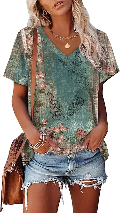 Alaroo Womens Summer Tops 2026 V Neck Short Sleeve Shirts Trendy Dressy Casual Vacation Outfits Printed