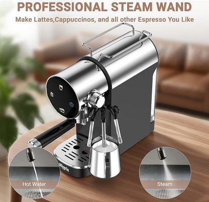 Ollygrin 20 Bar Espresso Coffee Machine, Semi-Automatic Espresso Machine with Touch Panel, 1350W Espresso Maker with Steam Wand, Removable Drip Tray & Water Tank, Modern Design for Latte & Cappuccino