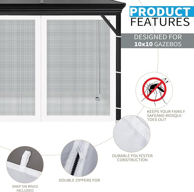 Gazebo Universal Replacement Mosquito Netting, Outdoor Mesh Netting Screen 4-Panel Sidewall with Zipper for Patio, Canopy, Garden and Backyard, Gray(Mosquito Net Only) (White, 10' x 10')