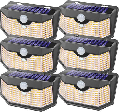 HMCITY 120 LED Outdoor Solar Lights- with Motion Sensor and 3 Lighting Modes, IP65 Waterproof Wide Solar Wall Lights Ideal for Garden Patio Yard (Front Button 6Packs, Black Shell-Warm White)