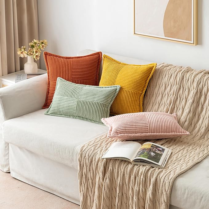 MIULEE Fall Rust Decorative Throw Pillow Covers for Couch Bed Livingroom 12x12 Inch Set of 2 Boho Accent Throw Pllows Broadside Striped Patchwork Soft Corduroy Pillowcases, Terracotta
