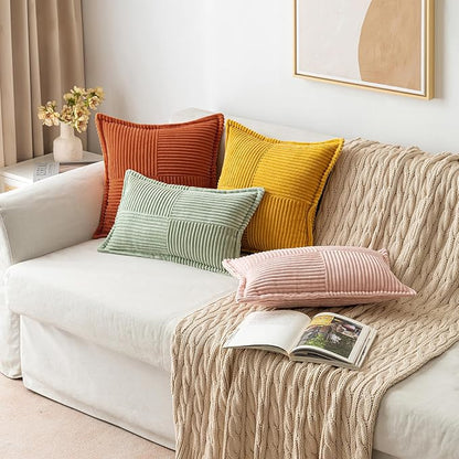 MIULEE Fall Rust Decorative Throw Pillow Covers for Couch Bed Livingroom 12x12 Inch Set of 2 Boho Accent Throw Pllows Broadside Striped Patchwork Soft Corduroy Pillowcases, Terracotta