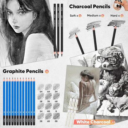 iBayam 78-Pack Drawing Set Sketching Kit Art Supplies for Adult, Christmas Gifts for Adult, with 3-Color Sketchbook, Coloring Book, Colored, Graphite, Charcoal, Watercolor & Metallic Pencil