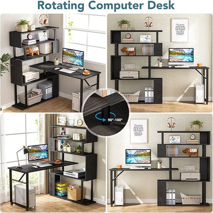 Rotating Computer Desk L-Shaped Office Desk with 5 Shelves Bookcase, Reversible Writing Desk Study Table with Wheels for Home Office, Black