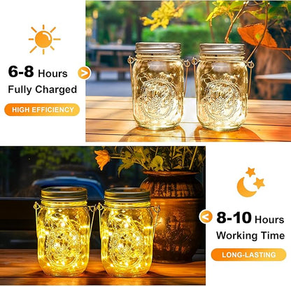 GIGALUMI Hanging Mason Jar Solar Lights, 6 Pack 30 Led Tinplate Lids Hanging Solar Lanterns Outdoor Waterproof, Hangers and Jars Included, Outdoor Decor for Balcony, Garden, Patio, Yard, Wedding