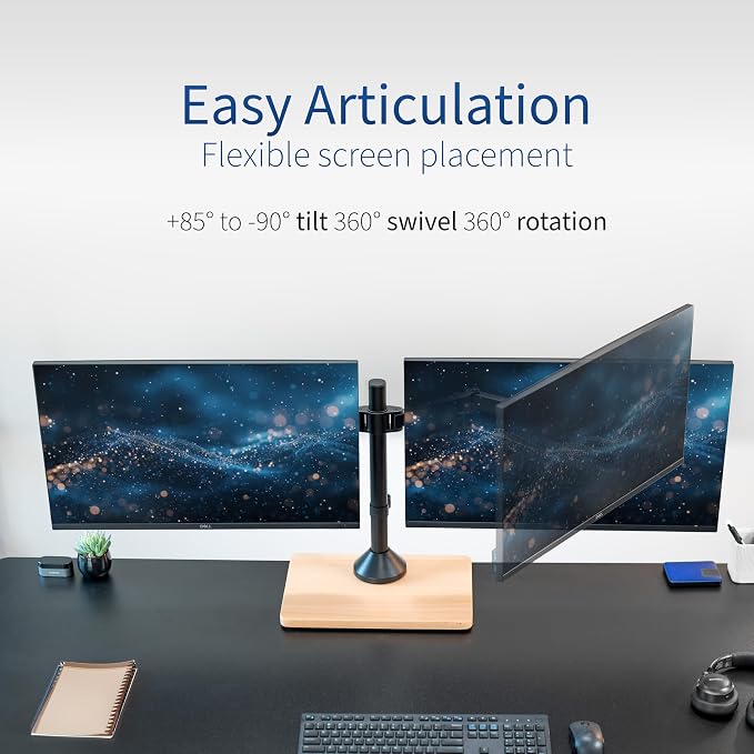 VIVO Dual Monitor Desk Stand for 13 to 32 inch Screens, STAND-V002FD-B | Articulating, Freestanding Adjustable Monitor Arm, Black with Wood Base, Computer Stand for 2 Monitors, Holds 22 lbs Each