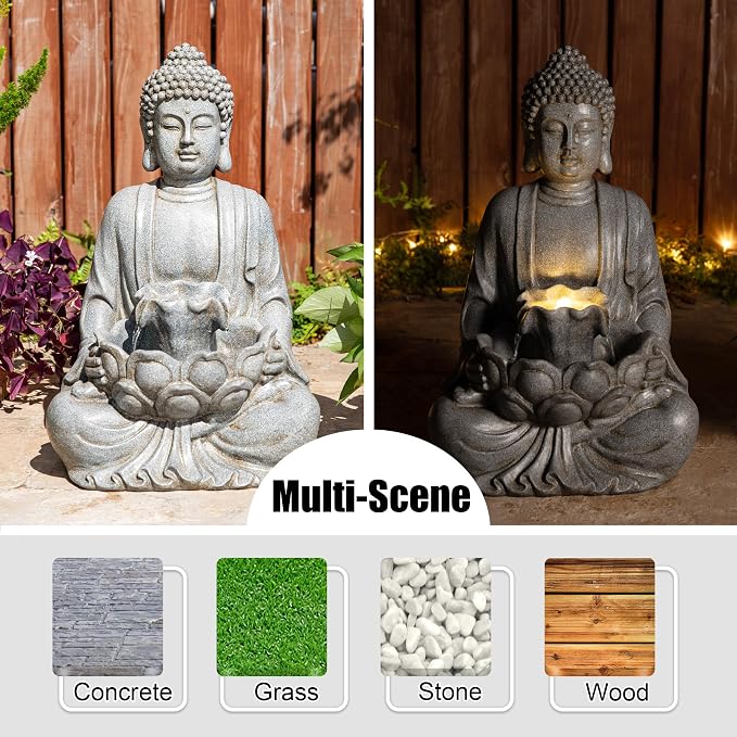 Glitzhome 23.25" Zen Buddha Fountain, Outdoor Water Fountain with LED Light, Polyresin Stone Powder Concrete Finish Meditating Buddha Statue for Garden Patio Yard Deck, 4 Warm LED Lights