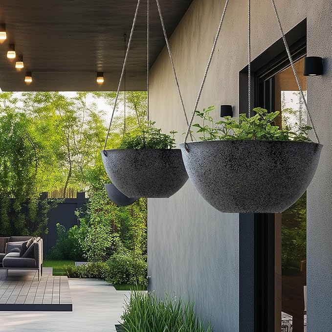 LA JOLIE MUSE Large Hanging Planters for Outdoor Plants - 13 Inch Hanging Flower Pots with Drainage Holes, Set of 2, Rock Grey