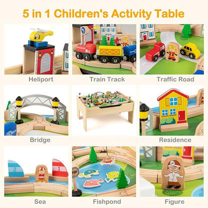 INFANS Train Table with Storage, 78 Pieces Wooden Kids Activity Toy Table Playset with Reversible Detachable Tabletop, Tracks, Train, Railway, City, Gift for Toddler Boys Girls Ages 3+