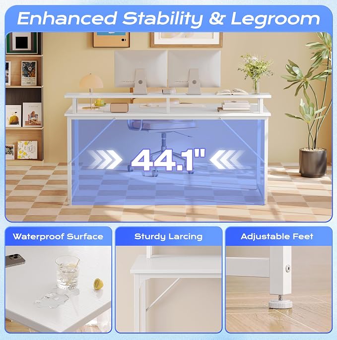 PRAISUN 48 inch Gaming Desk, LED & Power Outlets, Monitor Stand, White | Sturdy PC Desk for Home Office, Study & Work, LED Lights, 4 AC Outlets & USB-C Charging Station