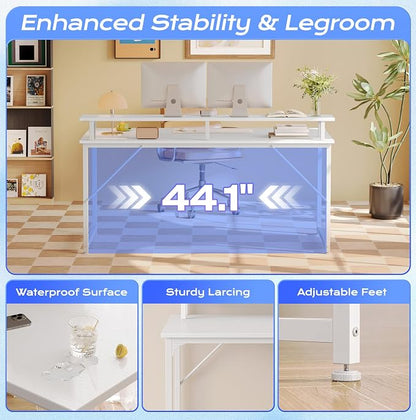 PRAISUN 48 inch Gaming Desk, LED & Power Outlets, Monitor Stand, White | Sturdy PC Desk for Home Office, Study & Work, LED Lights, 4 AC Outlets & USB-C Charging Station