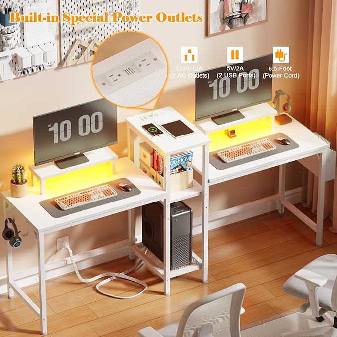 Furologee 2 Person Gaming Desk with LED Lights, 71 Inch Computer Desk with Power Outlets and Monitor Stand, Double Desk with Storage Bag and Headphone Hooks, Study Writing Table for Home Office, White