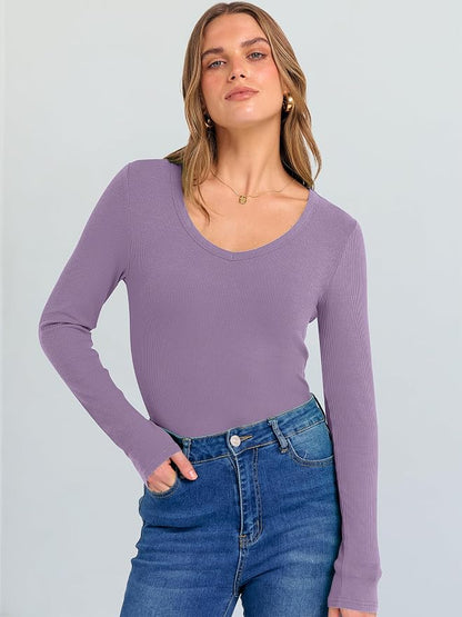 ANRABESS Long Sleeve V Neck Shirts for Women | Soft Comfy Ribbed Knit Fitted Tshirts, Casual Going Out Tops, 2026 Trendy Basic, Fall Winter Underscrub Layering Clothes