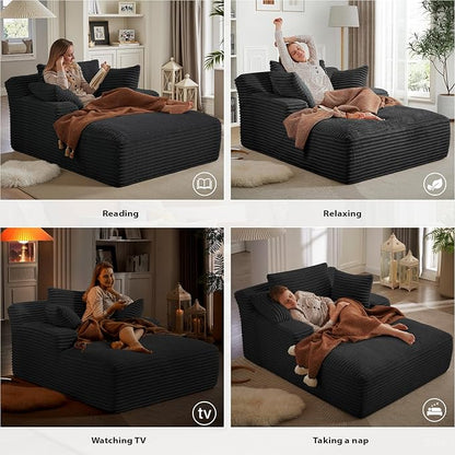 50 Inches Chaise Lounge Indoor, Oversized Chaise Lounge Chair with 3 Throw Pillows and Armrests, Corduroy Upholstered Plush Sofa Bed Lazy Chair Bed Sleeper Chair for Living Room Apartment (Black)