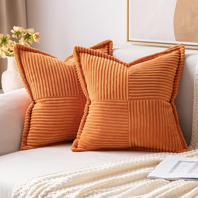 MIULEE Fall Orange Decorative Throw Pillow Covers for Couch Bed Livingroom 20x20 Inch Set of 2 Boho Accent Throw Pllows Broadside Striped Patchwork Soft Corduroy Pillowcases