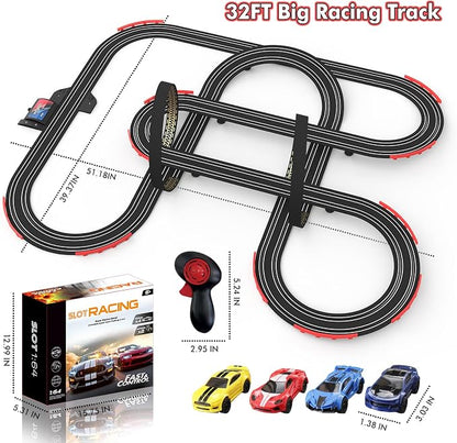 Slot Car Race Track 32Ft Electric Powered Racing Tracks Sets for Boys and Kids ,Dual Racing with 4 High Speed Cars and 2 Hand Controllers, Gift Toys for Children 6,7,8 Years Old