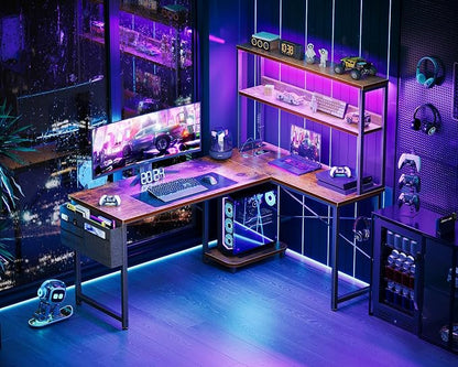 AODK L Shaped Desk Gaming Desk with LED Light & Power Outlet | 53 Inch Vintage Reversible L Shaped Computer Table with Shelf & Storage Bag & Hook for Home Office