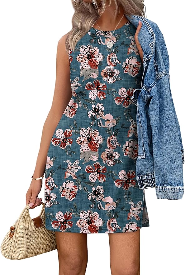 WIHOLL Casual Dresses for Women Crewneck Sleeveless Tank Dress Summer Spring Boho Vacation Clothes