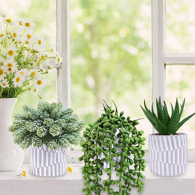 Winlyn 3 Pack Small Faux Succulent Plants Fake String of Pearls Aloe Hops Succulents in Gray Geometric Concrete Pots Artificial Potted Plant for Office Desk Home Tabletop Windowsill Shelf Decor