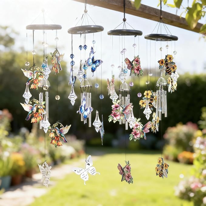 YU FENG Hummingbird Wind Chime, Orange Flower Memorial Suncatcher | 27 Inch Metal Wind Chime, Colorful Flower Design, Sympathy Gift For Women Mom Grandma, Outdoor Garden Decoration