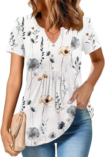 Zeagoo Womens Short Sleeve Tops Summer Henley V-Neck Tshirts Casual Pleated Blouse Dressy Loose Floral Basic Tee