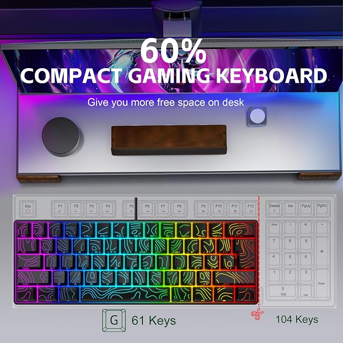 Snpurdiri 60% Wired Gaming Keyboard 61 Keys RGB (Contour Line-Black) | Backlit Small Gaming Keyboard Ultra-Compact for PC/Mac Gamer, Typist, Travel, Easy to Carry on Business Trip