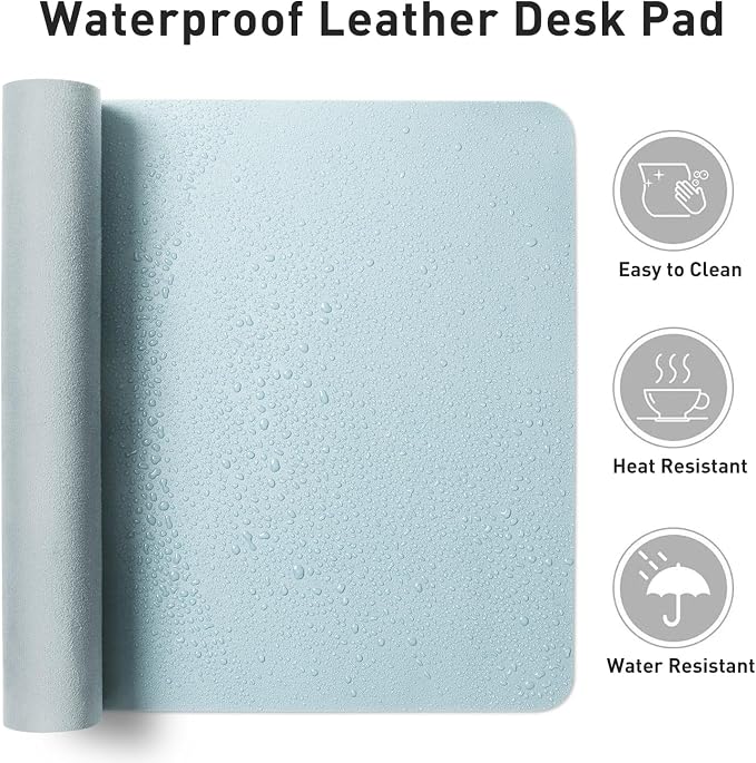 Aothia Leather Desk Pad Protector, Office Desk Mat, Large Mouse Pad, Non-Slip PU Leather Desk Blotter, Laptop Desk Pad, Waterproof Desk Writing Pad for Office and Home (48"x17", Baby Blue)