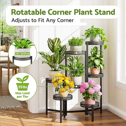 7 Tier Large Metal Plant Stand Indoor Outdoor with 7.9 Inch Wide Tray, Tiered Corner Plant Stand, Flower Display Holder Shelf, Folding Tall Rack for Patio Porch Balcony Living Room Garden - BlackWave