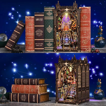 Book Nook DIY Kit for Adults, 3D Wooden Puzzle with LED,Bookend Bookshelf Decoration,Miniature Dollhouse for Home Decor,Mystic Zodiac