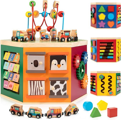 Large Activity Cube, 9-in-1 Farm-Themed Wooden Play Center, Multipurpose Montessori Toy for 1-2 Year Old Baby Toddler Kid, First Birthday Gift | Bonus Magnetic Train Cars