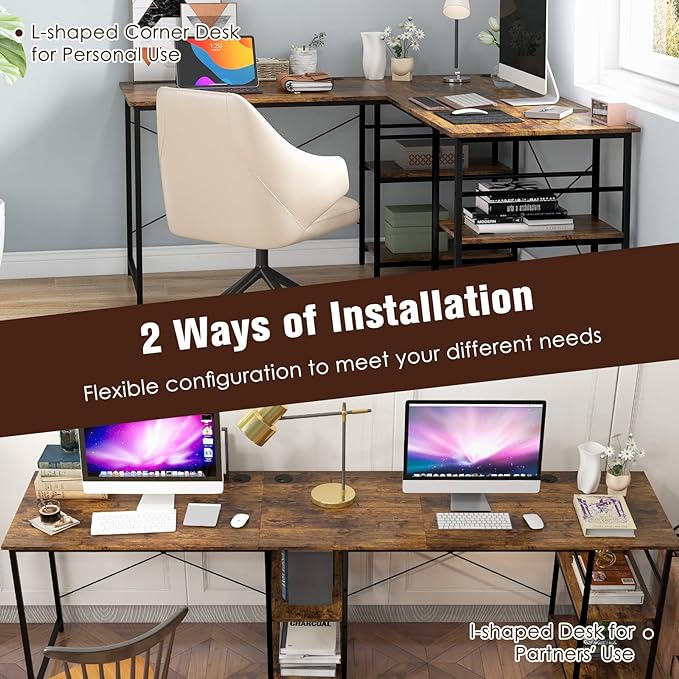 L-Shaped Home Office Desk, Corner Computer Desk w/Monitor Stand, Reversible PC Desk w/Heavy-Duty Metal Frame, Long Office Desk for 2 Person, Space-Saving Design (Rustic Brown)
