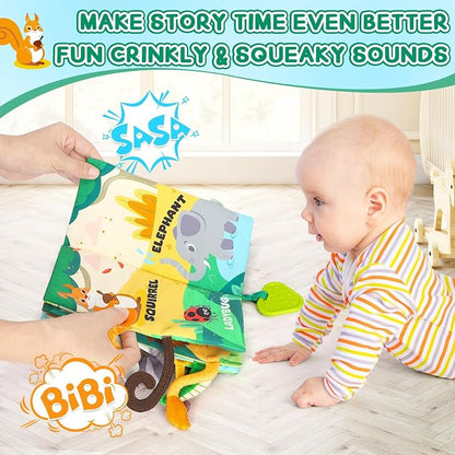 BBWOO Soft Baby Book Toy - Newborn Boy Girl Shower Gift - Tummy Time Toy for Infant 0-6 6-12 Months - Touch and Feel Sensory Crinkle Book with Teether - Baby Boy Girl Gift