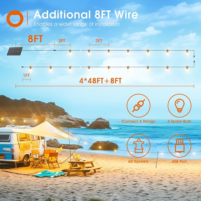 addlon 200FT(192+8) Solar String Lights Outdoor Waterproof with 6W Panel USB & Remote Control Patio Lights Long Last for 20+Hrs Dimmable Solar Power LED Bulbs for Porch Garden Market Bistro Backyard