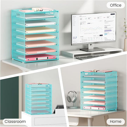 Lavatino 8-Tier Office Desk File Organizer, Letter Tray Paper Organizer with Handle, Including 5 Adjustable Slide Trays for Organizing Desktop Workspace Accessories and Supplies (Blue Metal Mesh)