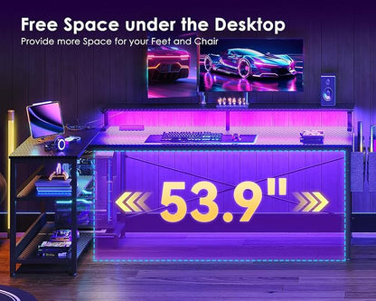 ODK 66 Inch L Shaped Gaming Desk with LED Lights, Power Outlets, Black | Adjustable Monitor Stand, Open Storage Shelves, Hanging Side Bag, PC Tower Stand, Reversible Layout for Gaming