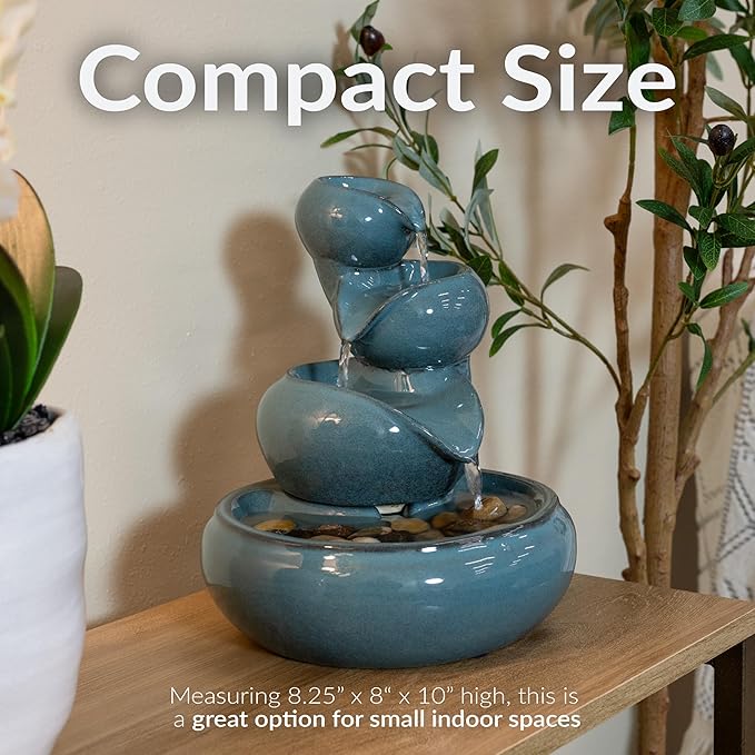Sunnydaze Tiered Vessels Ceramic Tabletop Water Fountain - Relaxing Indoor Fountain for Office, Bedroom, or Living Room - Teal