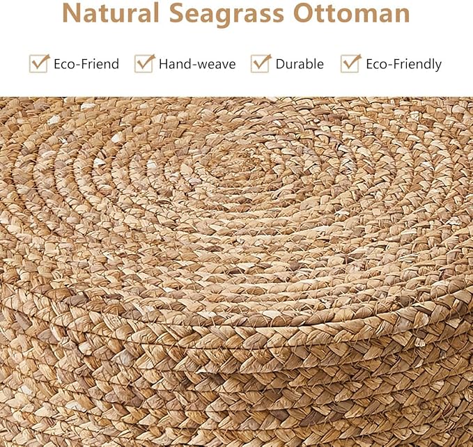 Wimarsbon Round Pouf Ottoman with Wood Frame, Handwoven Natural Water Hyacinth Seagrass Pouffe,Outdoor Rattan Stool Accent Seat, Bohemian Coastal Home Decor (14inch Natural Water Hyacinth)
