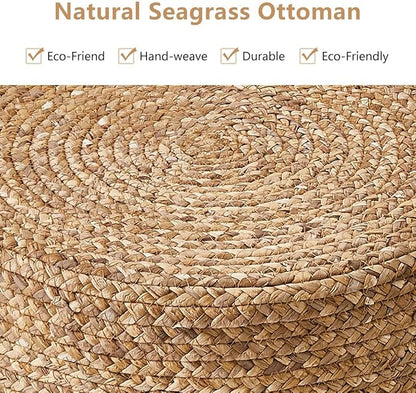 Wimarsbon Round Pouf Ottoman with Wood Frame, Handwoven Natural Water Hyacinth Seagrass Pouffe,Outdoor Rattan Stool Accent Seat, Bohemian Coastal Home Decor (14inch Natural Water Hyacinth)