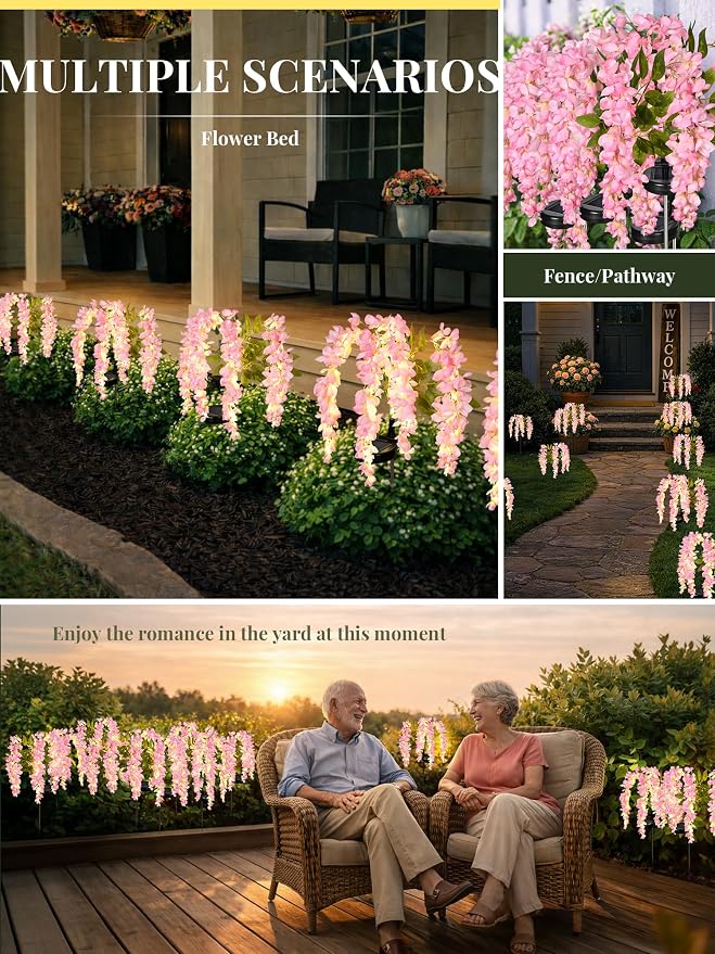 GIGALUMI Solar Lights Outdoor for Garden Decor, 2 Pack Solar Flower Lights Waterproof, 2 Lighting Modes Wisteria for Pathway,Yard, Patio Decoration, Gardening Gifts for Women (Pink)