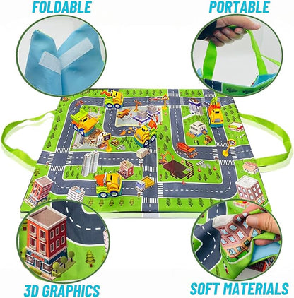 Construction Toy Trucks and Play Mat – Build & Play Vehicles with Foldable Mat & Storage Bag | Portable Travel Toy for Toddlers Kids Ages 2-5 | Easy Storage & Transport for Fun On-the-Go