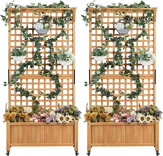 Yaheetech 72" H Garden Planter with Trellis for Vine Climbing Horticultural Plants, Yard Box Outdoor w/Drainage Holes, Garden Planter Bed for Flowers Herbs, Light Brown