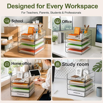 FANXIYQ 4-Tier Acrylic Paper Tray Organizer, Clear Stackable Desk File Organizer for Documents, Files, Letters, A4 Paper, Books, Notes, Mail & Paper Storage, Office Classroom Home