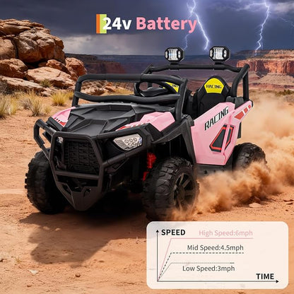 Garvee 24V Ride On Toys for Big Kids, 2 Seater Electric UTV Car with Remote Control, 4-Wheeler Suspension, Soft Start, 3 Speeds, Led Lights, Bluetooth, Ride on Truck Kids 2-8 Years