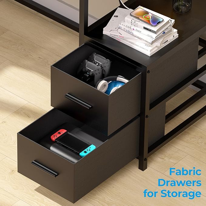 GreenForest Small Desk for Bedroom, 39.4 inch Computer Desk with 2 Drawers, Gaming Desk with LED Light and Power Outlet, Reversible Office Desk with Monitor Stand, Desk for Small Spaces, Black