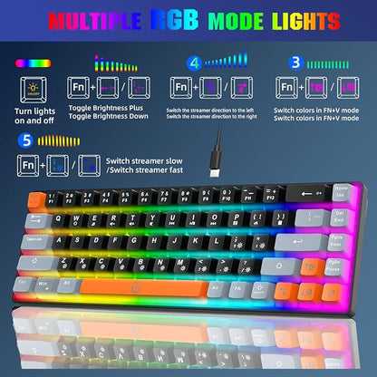 Snpurdiri 60% Percent Gaming Keyboard (68 Keys, Black-Grey-Orange) | Compact RGB Backlit Small Gaming Keyboard for Windows, PC, Laptop