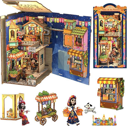 Cutefun Book Nook Kits for Adults, Mexican Art & Culture DIY Miniature House Dollhouse Bookend, 3D Wooden Puzzle with LED for Bookshelf Insert Decor, Creative Gifts for Teens (Plaza de Los Muertos)