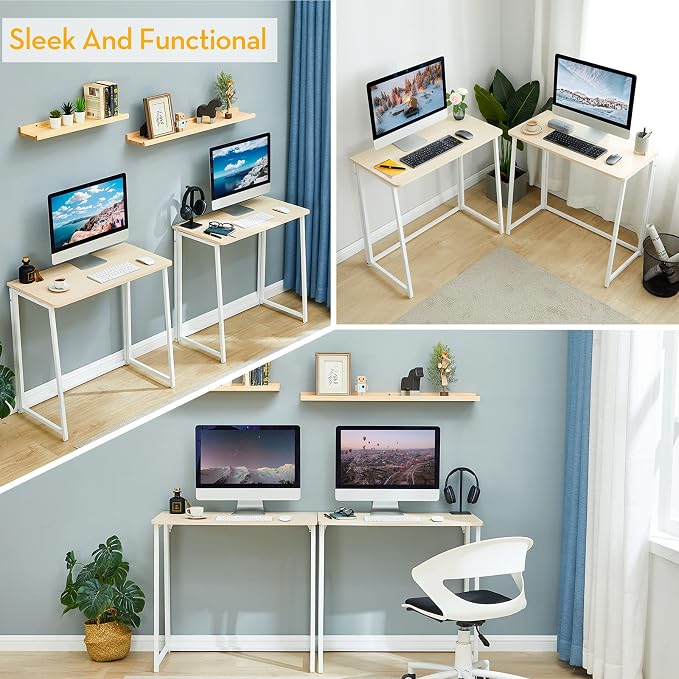 WOHOMO Folding Desk, 39.4" Foldable Computer Table for Small Spaces, Oak | Easy Assembly and Fold, Sturdy Home office desks for Study Bedroom Dorm Space Saving Writing Work Apartment